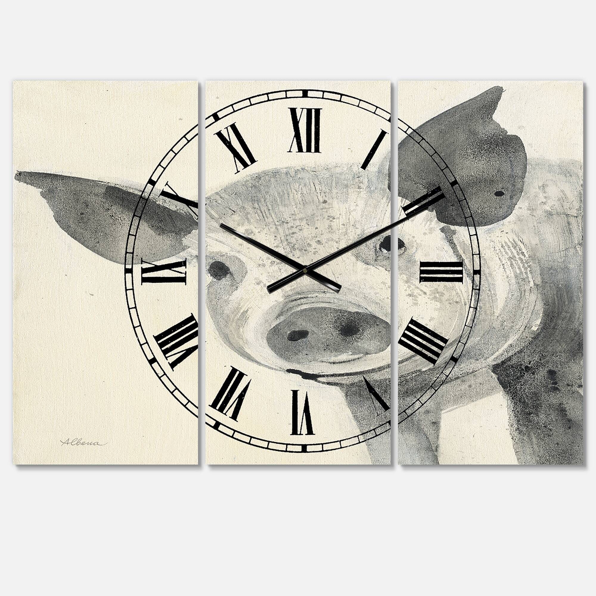 Designart 'Piglet Farmhouse Animal In Black And White Farmhouse Multipanel Wall Clock